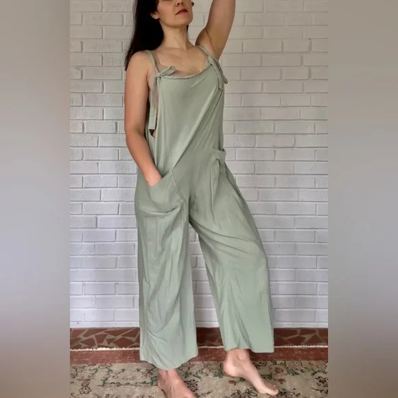 Breezy Loungewear! Linen jumpsuit overalls. Sage green. Brandless - Picture 2 of 2